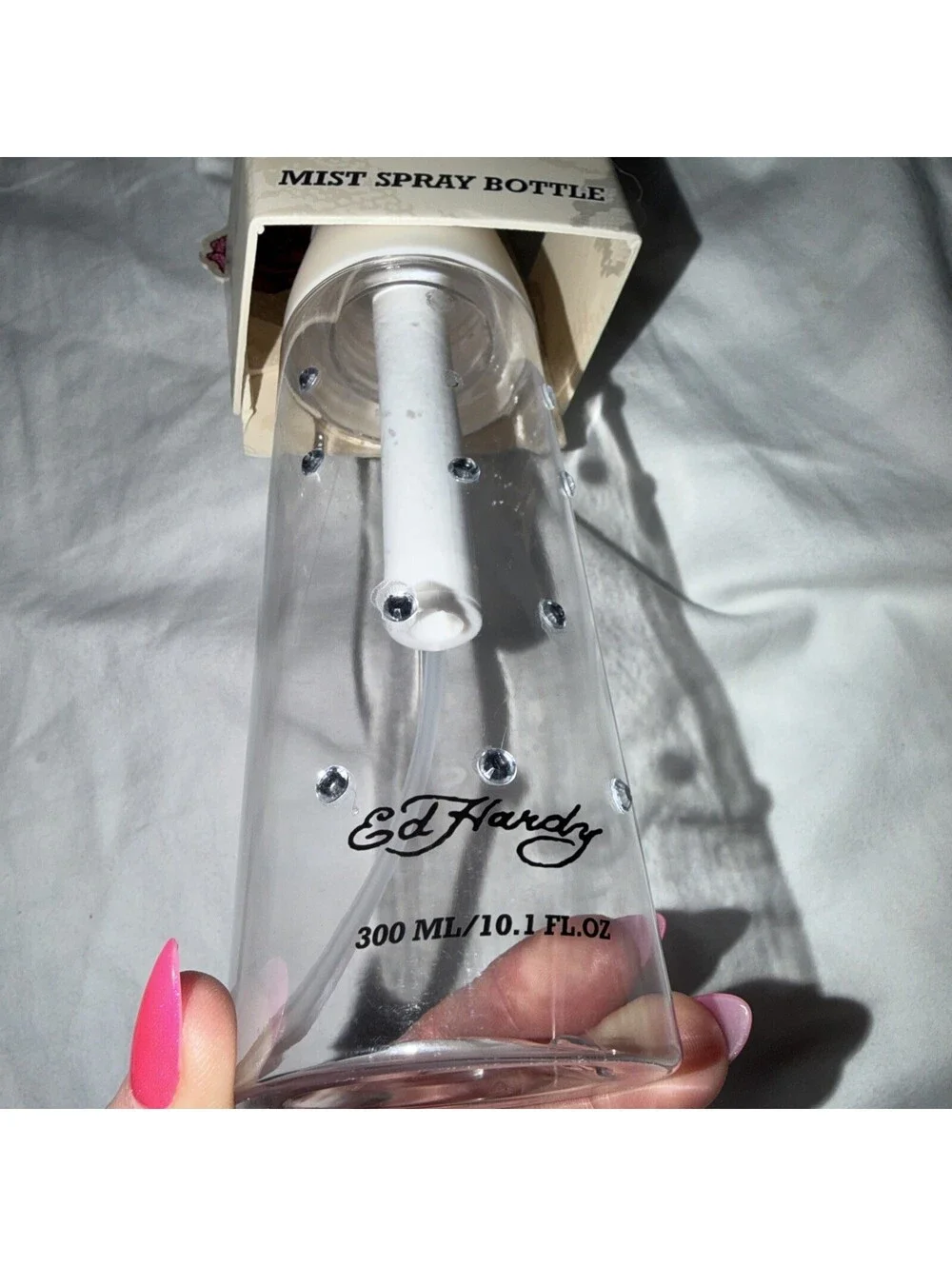 ED HARDY Reusable clear w/ diamonds Plastic Mist Spray Bottle, 10.1 fl oz